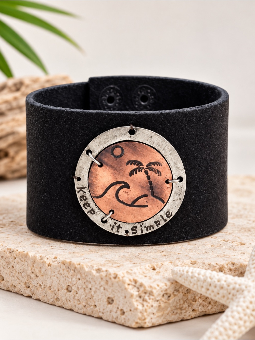Handmade Copper " Keep It Simple " Palm Tree Brown Leather Bracelet